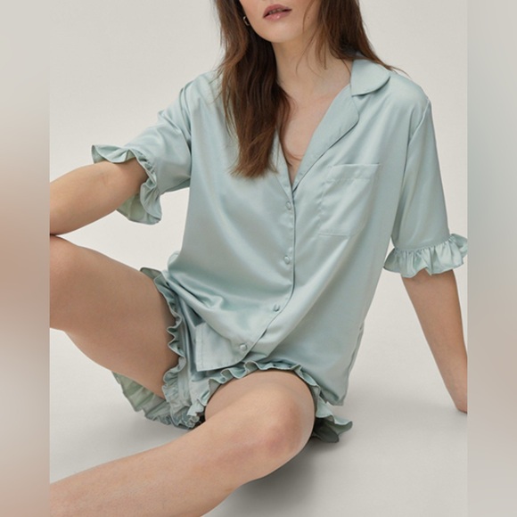 Nasty Gal Satin Ruffle Pajama Set Mint Green Button-Up Top & Shorts - Picture 3 of 11